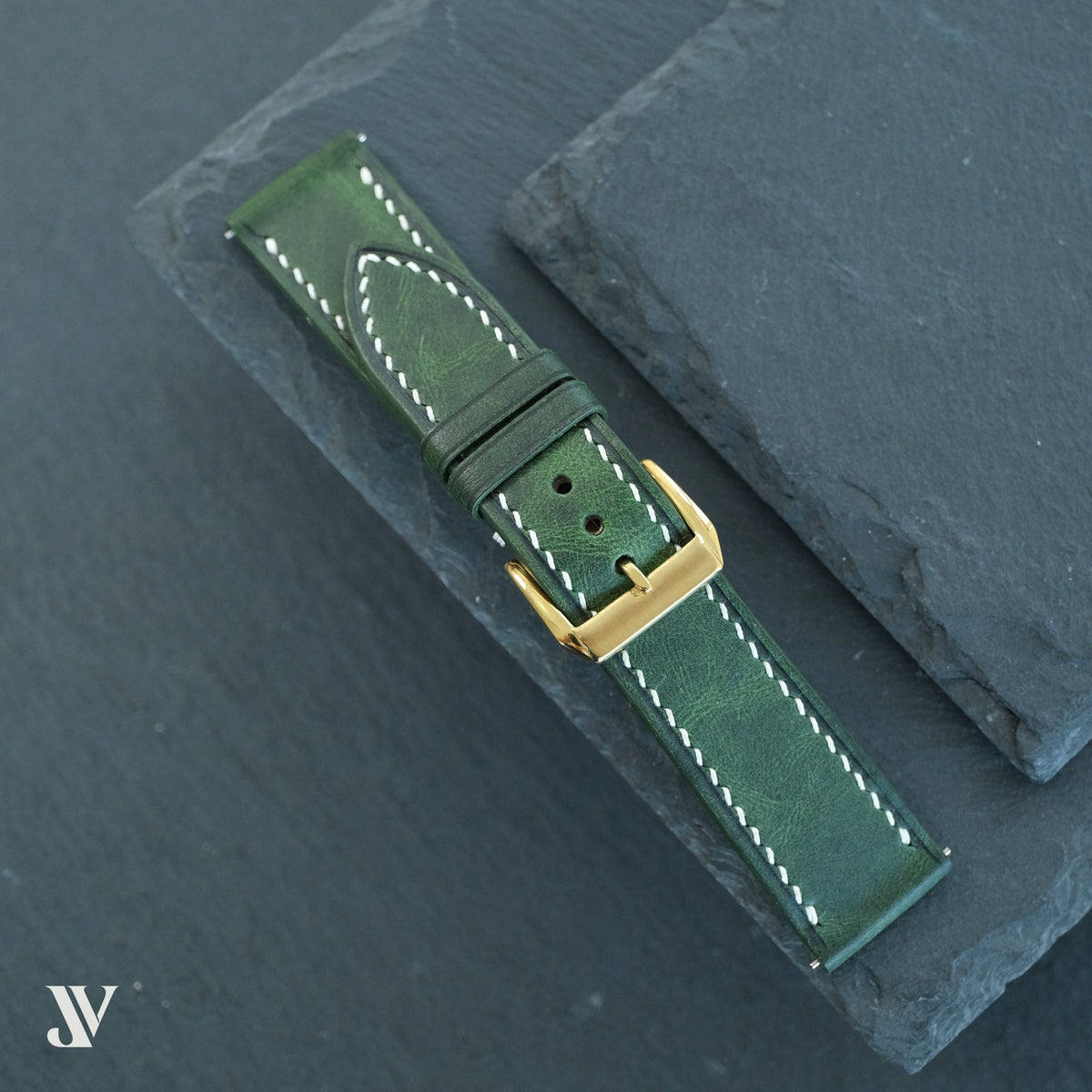 Dark Green Waxed Cowhide Leather Watch Strap — original product photo