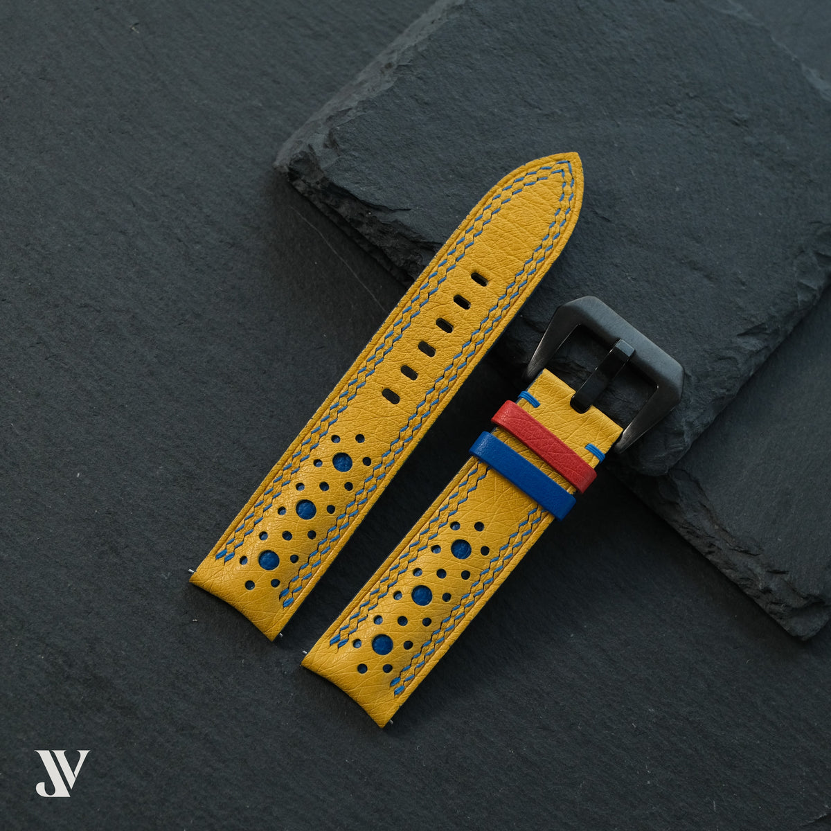 Yellow Blue Ostrich Leather Watch Strap — original product photo