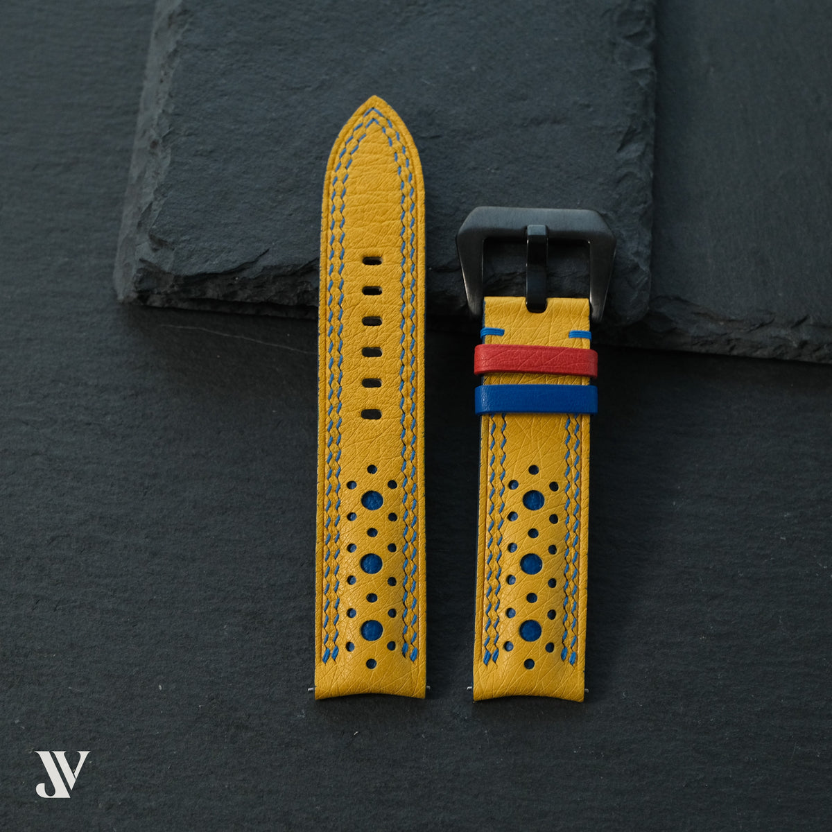 Yellow Blue Ostrich Leather Watch Strap — original product photo