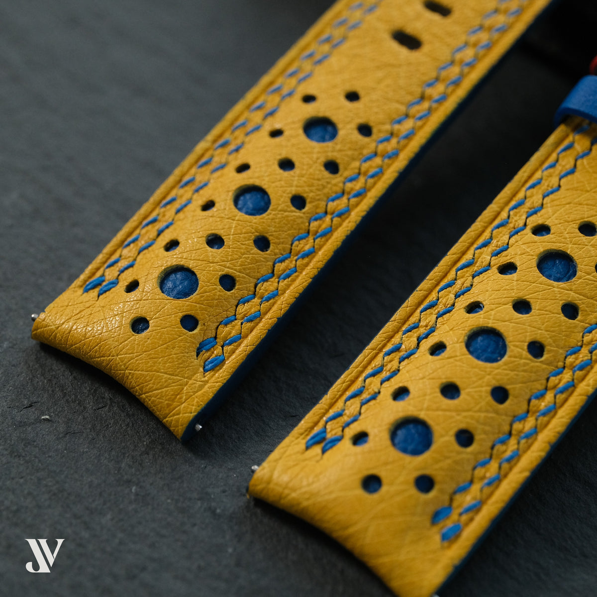 Yellow Blue Ostrich Leather Watch Strap — original product photo