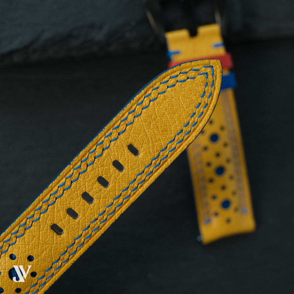 Yellow Blue Ostrich Leather Watch Strap — original product photo