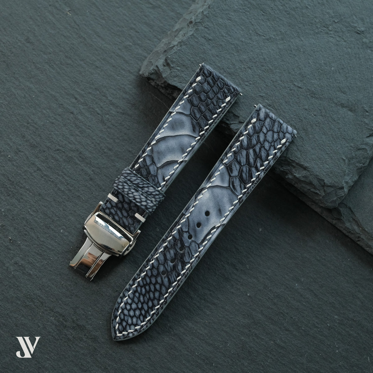 Black & Grey Ostrich Leg Leather Watch Strap — original product photo
