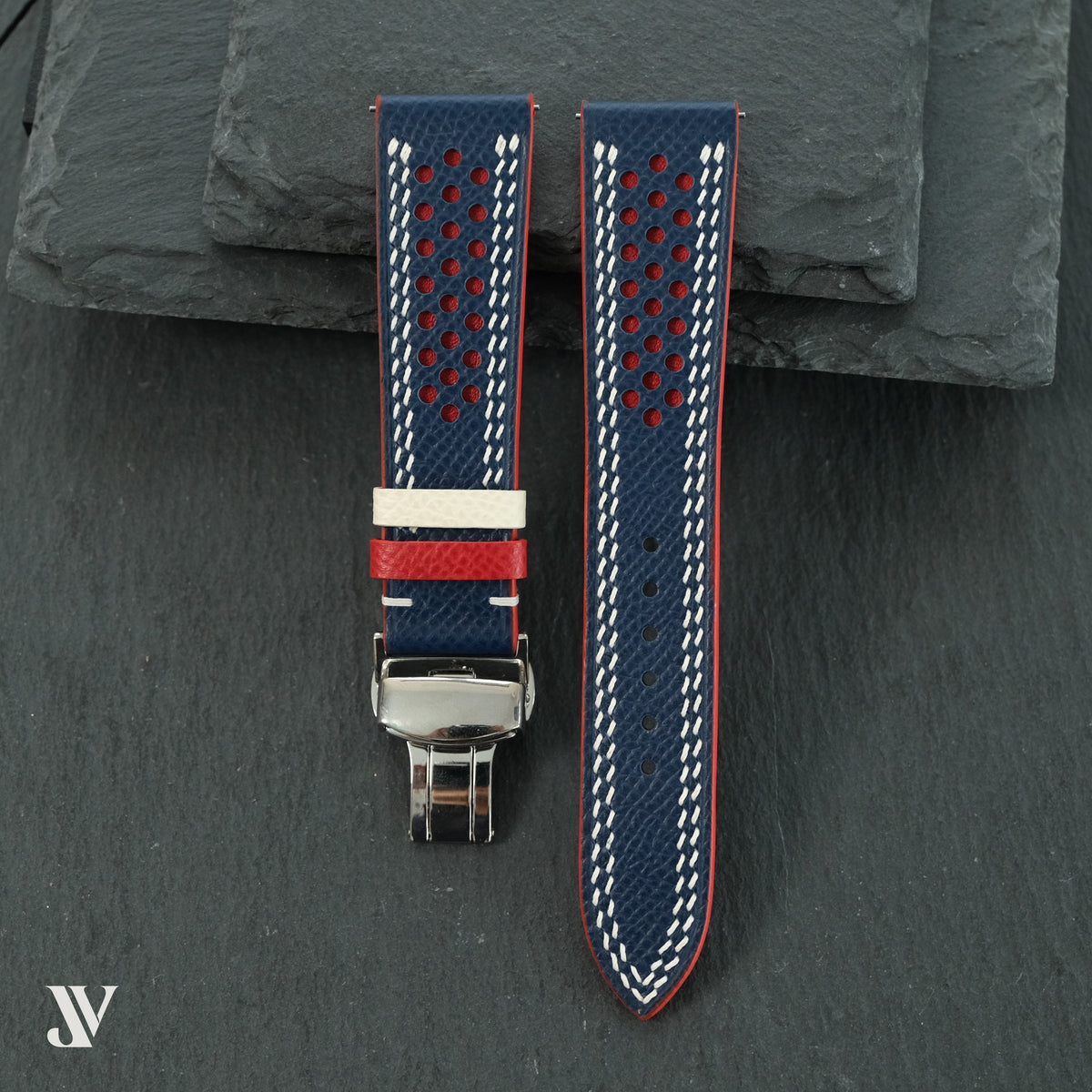 Navy Red Epsom Rally Leather Watch Strap — original product photo