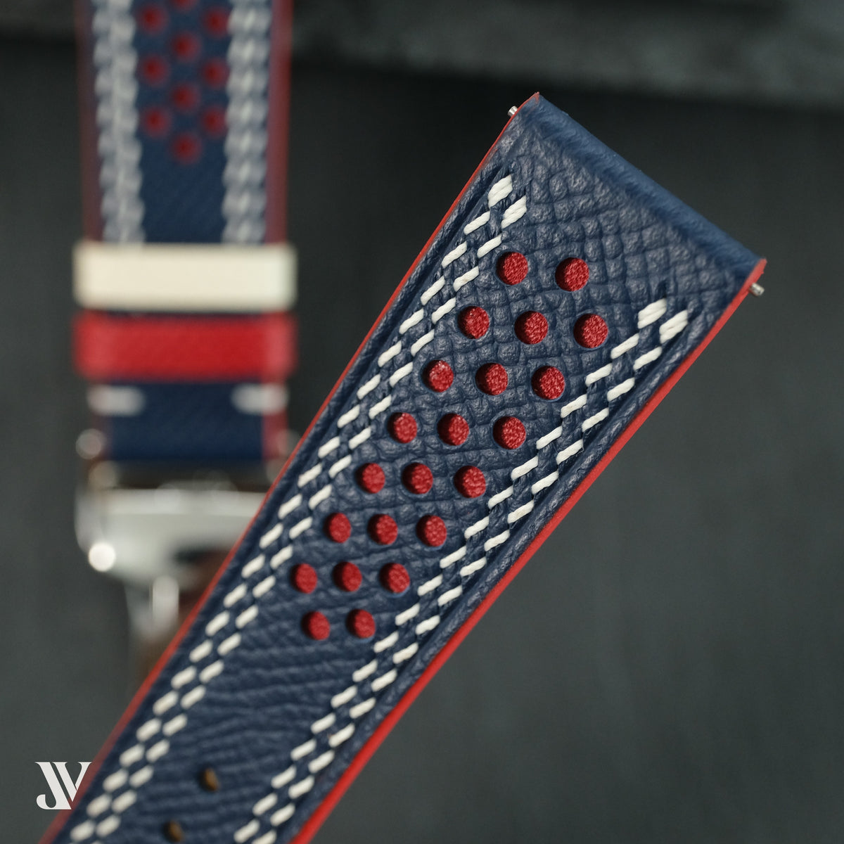 Navy Red Epsom Rally Leather Watch Strap — original product photo