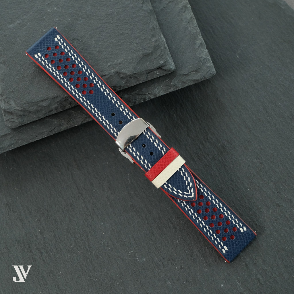 Navy Red Epsom Rally Leather Watch Strap — original product photo