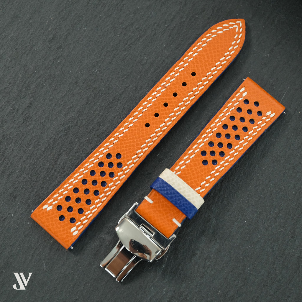Orange Blue Epsom Rally Leather Watch Strap with Butterfly Clasp — original product photo