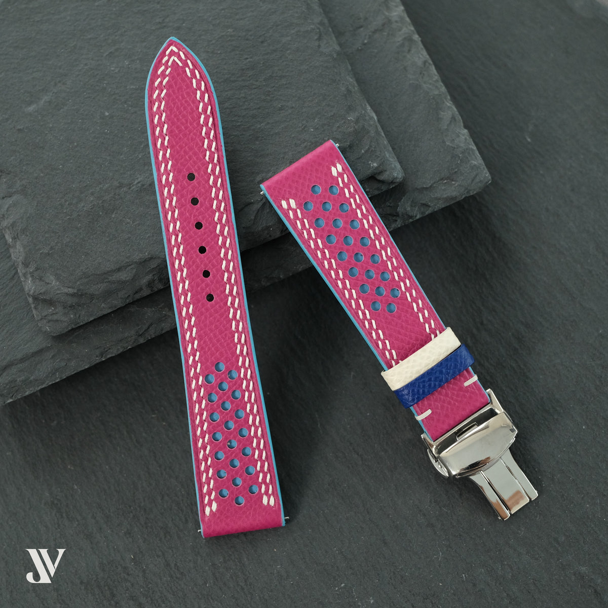 Pink & Light Blue Epsom Rally Leather Watch Strap — original product photo