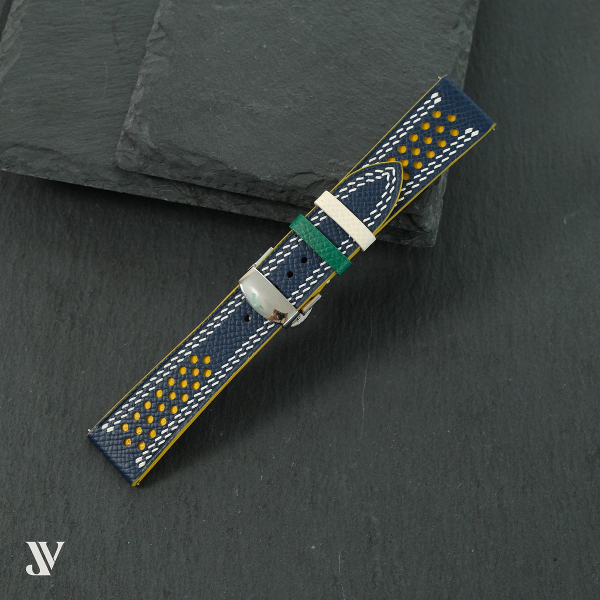 Navy & Yellow Epsom Rally Leather Watch Strap — original product photo