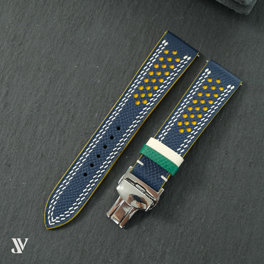 Navy & Yellow Epsom Rally Leather Watch Strap — original product photo