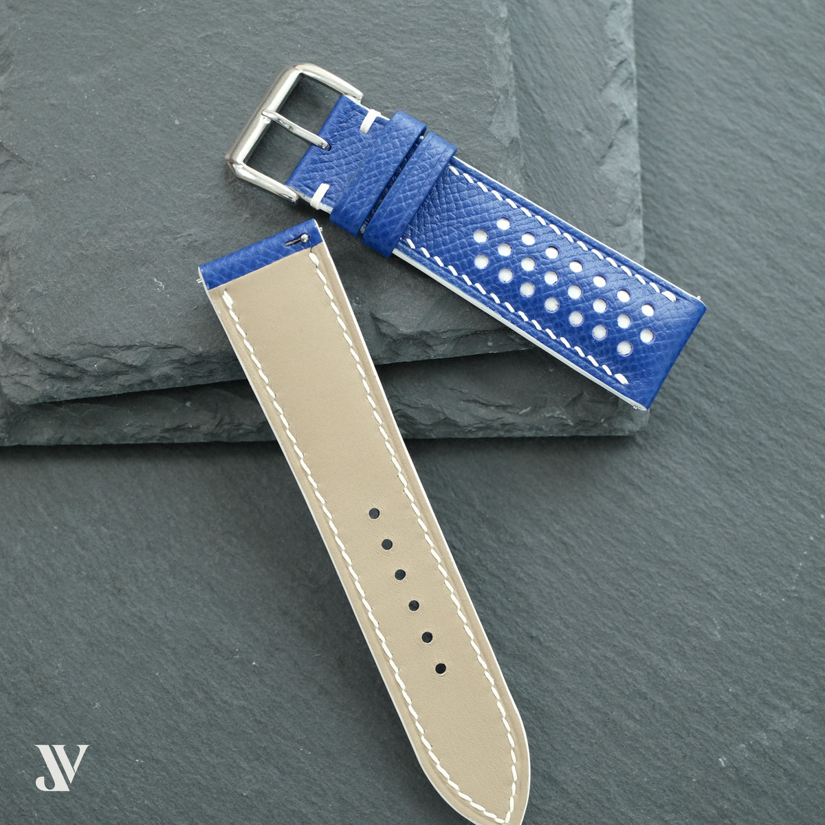 Blue White Epsom Rally Leather Watch Strap — original product photo