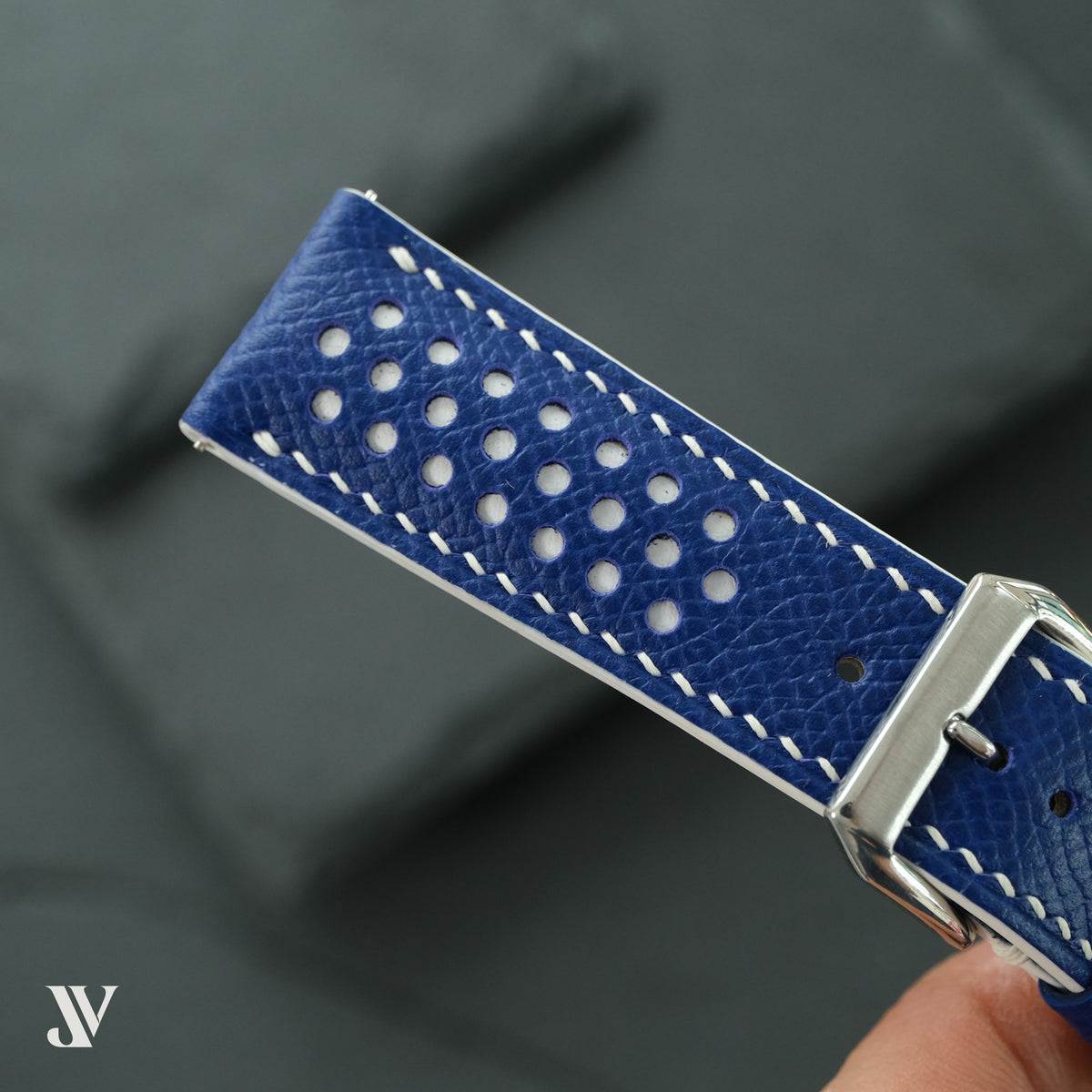 Blue White Epsom Rally Leather Watch Strap — original product photo
