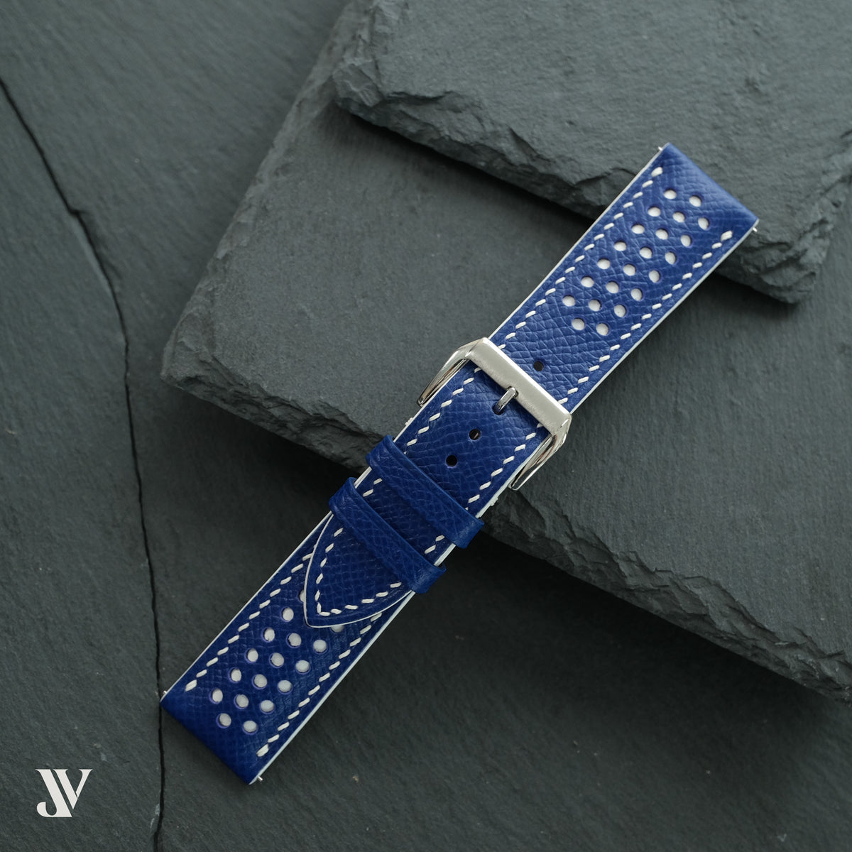 Blue White Epsom Rally Leather Watch Strap — original product photo
