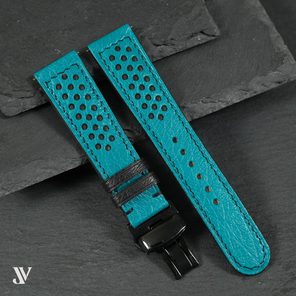 Turquoise Smooth Ostrich Leather Rally Watch Strap — original product photo