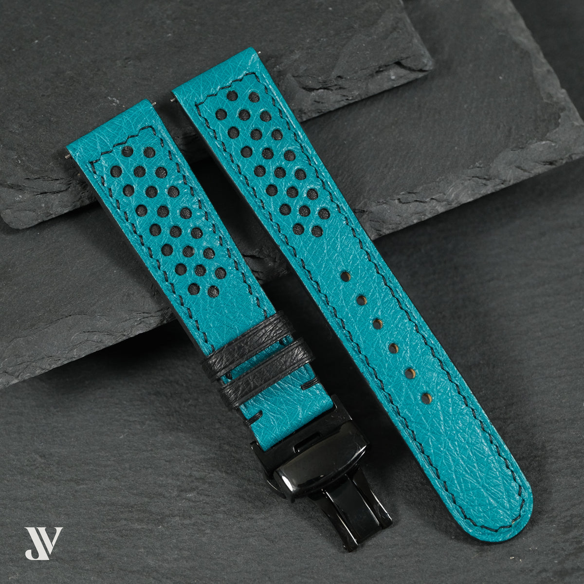 Turquoise Smooth Ostrich Leather Rally Watch Strap — original product photo