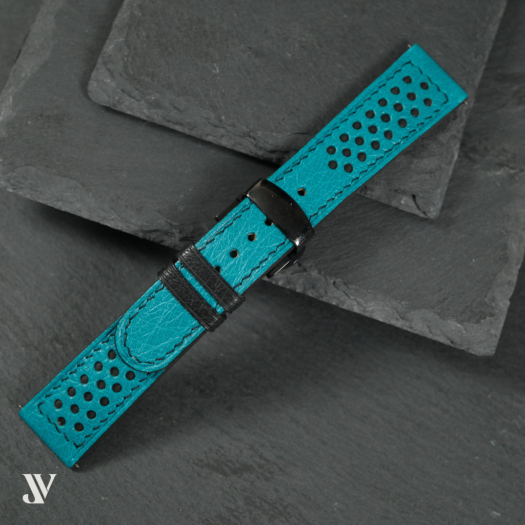 Turquoise Smooth Ostrich Leather Rally Watch Strap — original product photo