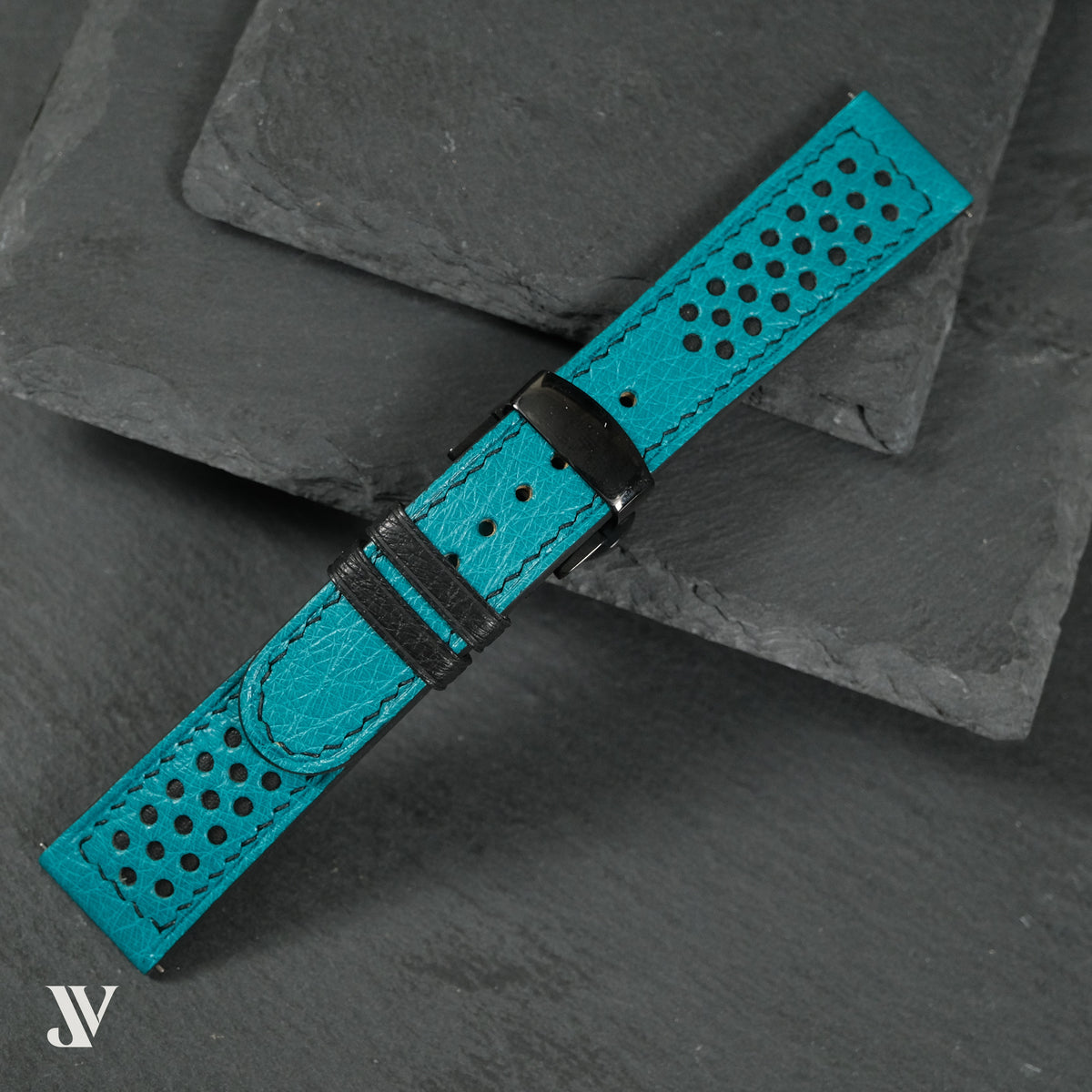 Turquoise Smooth Ostrich Leather Rally Watch Strap — original product photo