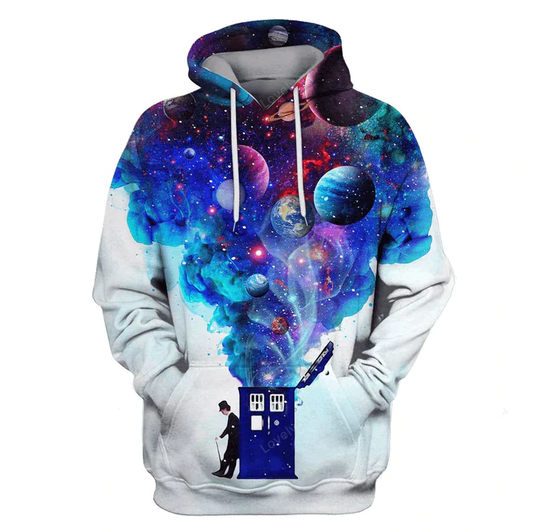 Doctor Who Hoodie Doctor Who Tardis Police Box Planets Hoodie White Blue Unisex - Cozy Hoodie For Cold Weather