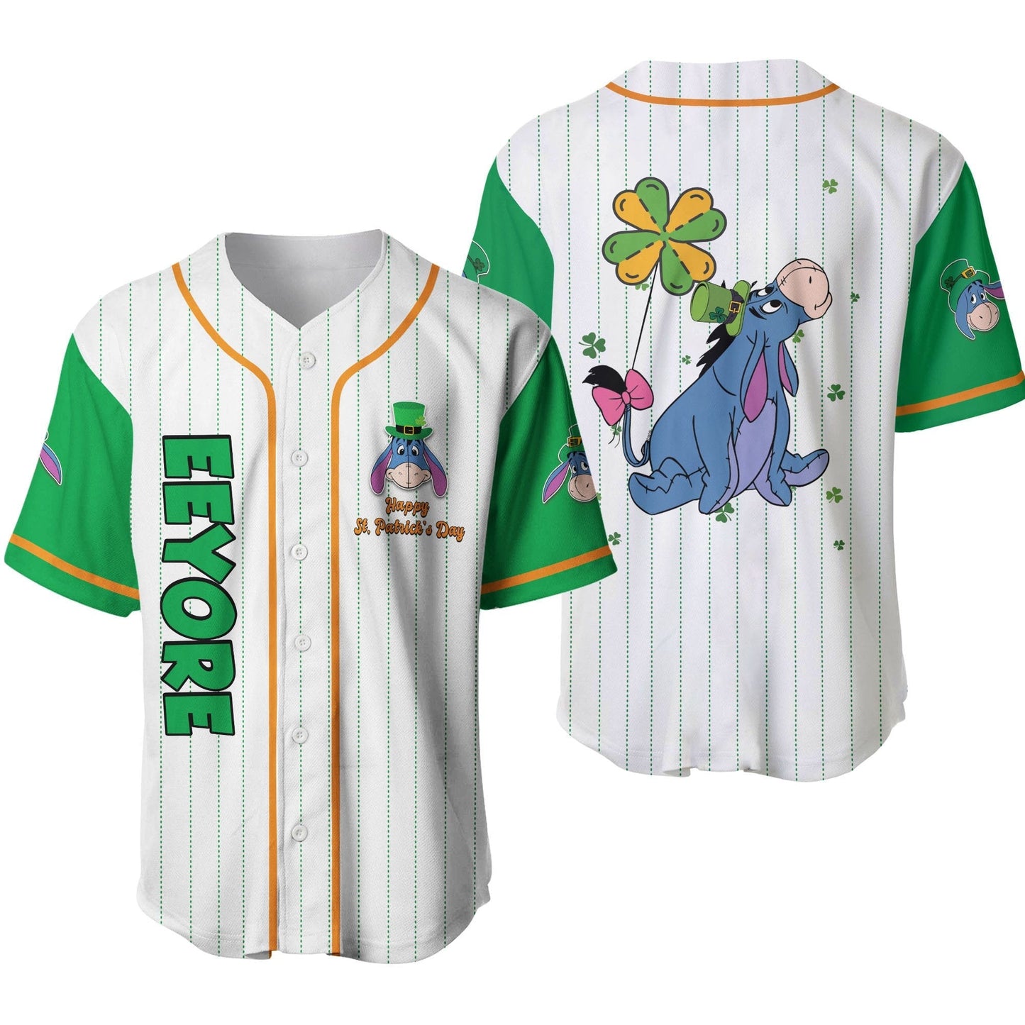 Winnie the Pooh Baseball Jersey Patrick's Day Eeyore Winnie the Pooh Jersey Shirt White Green Unisex Adult