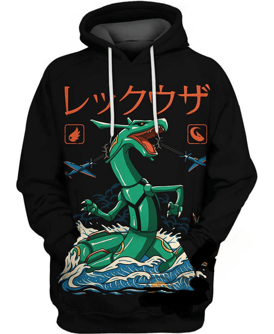 Pokemon Hoodie Pokemon Rayquaza Fight On Wave Hoodie Black Unisex - Cozy Hoodie For Cold Weather