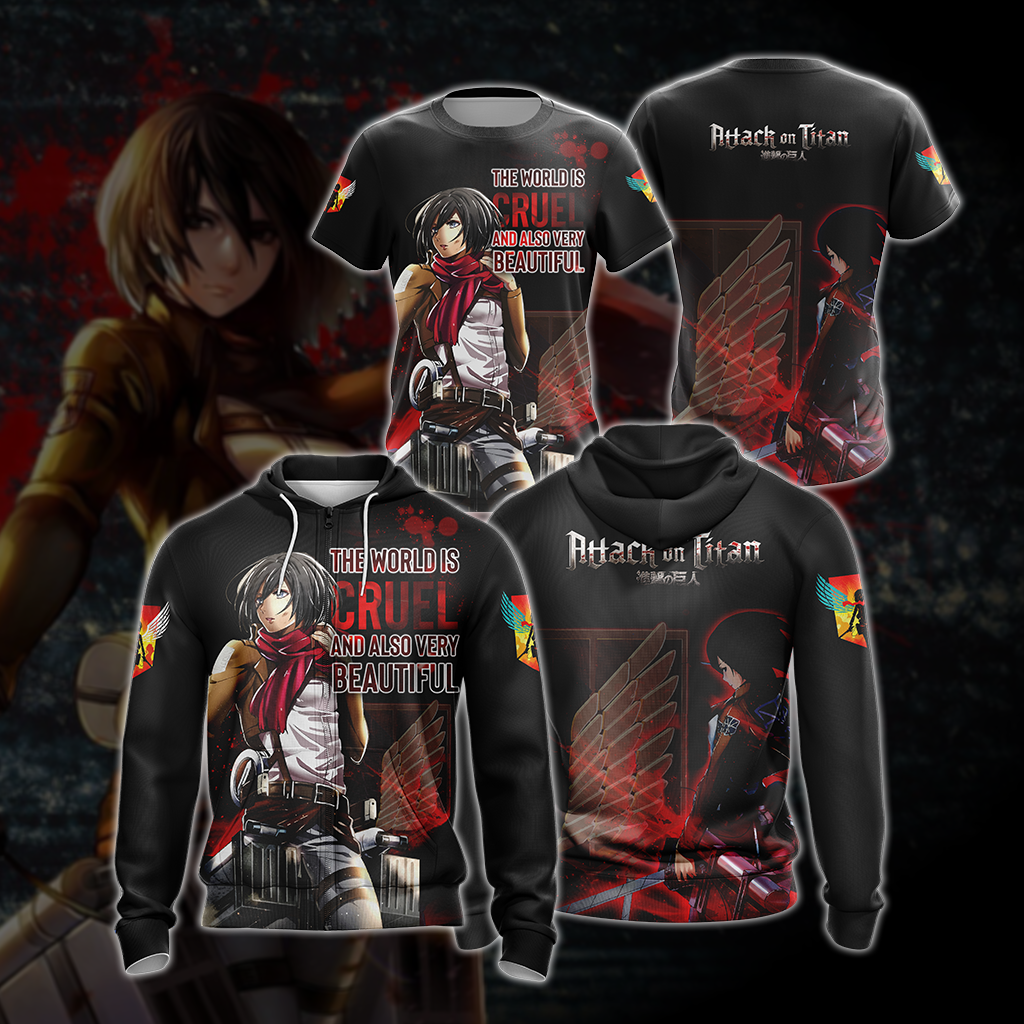 The World Is Cruel and Also Very Beautiful Mikasa Attack On Titan Anime T-shirt Zip Hoodie Pullover Hoodie