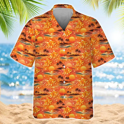 Goldfish Hawaiian Shirt, Sunset Beach Tropical Aloha Shirt, Ocean Summer Vacation Shirt