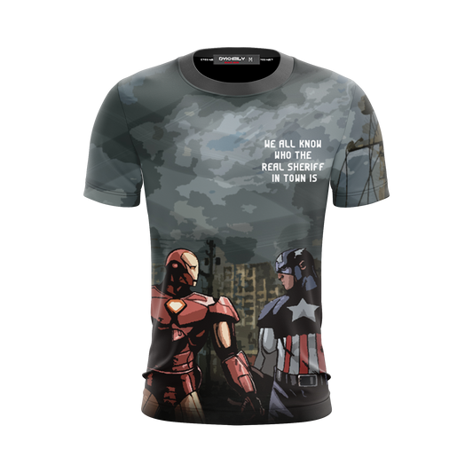 MV Shirt Captain America Iron Man We All Know Who The Real Sheriff In Town Is T-shirt