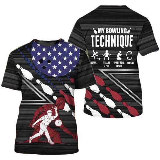 Bowling T-shirt My Bowling Technique Player Pattern T-shirt Black White Unisex