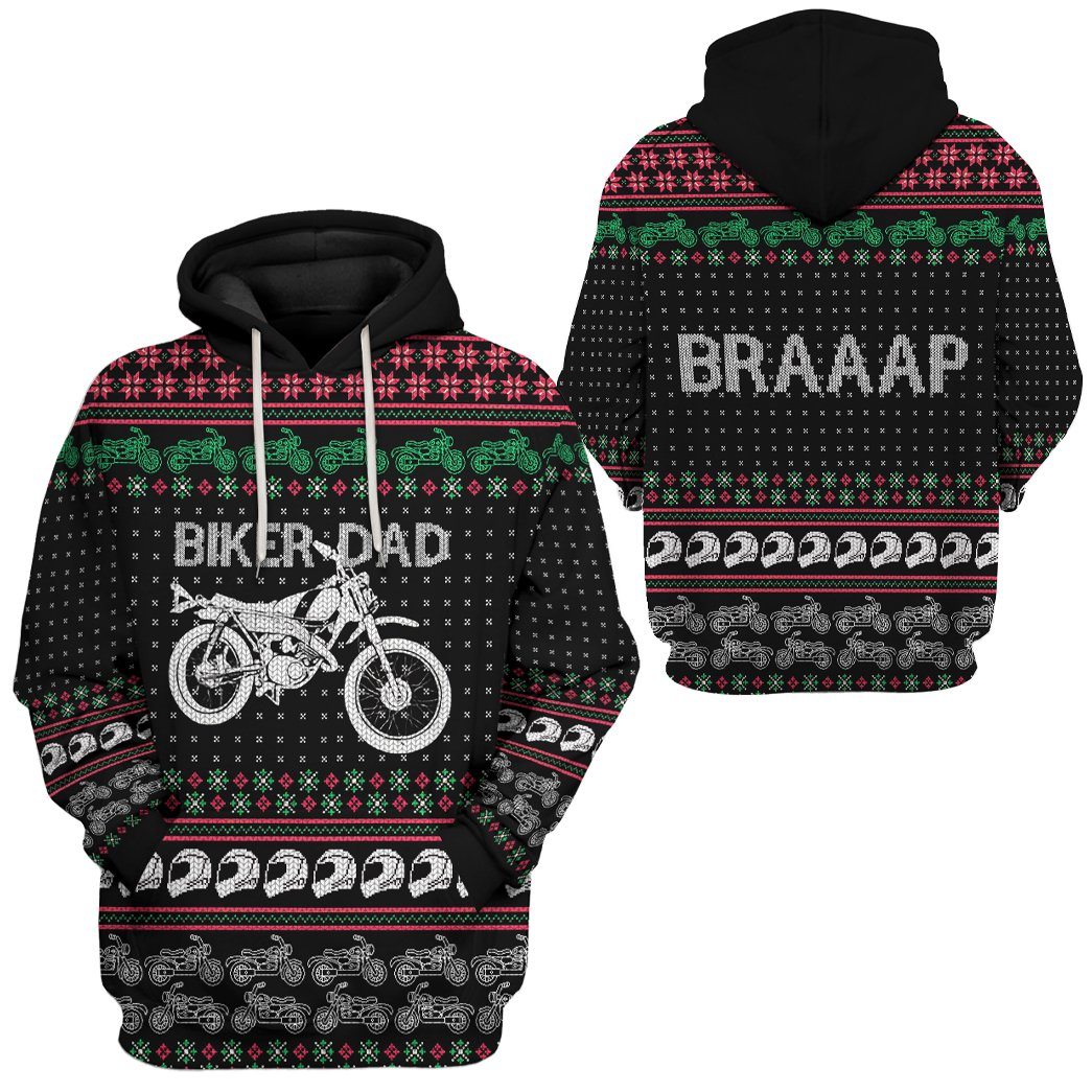Motorcycle Hoodie Biker Dad Braaap Christmas Pattern T-Shirt Black Unisex - Trendy Gift For Men & Women