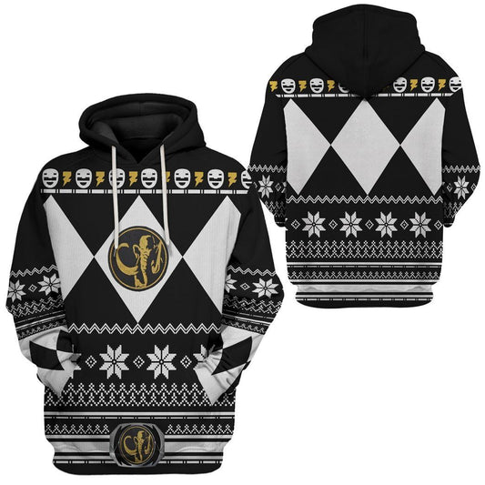 Power Ranger Hoodie Black Mighty Morphin Power Ranger Christmas Pattern Hoodie Black White Unisex - Cozy Hoodie For Cold Weather
