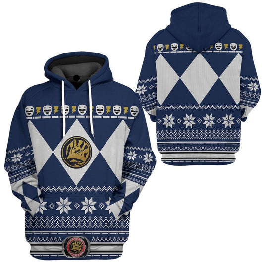 Power Ranger Hoodie Blue Mighty Morphin Power Ranger Christmas Pattern Hoodie Blue White Unisex - Cozy Hoodie For Cold Weather