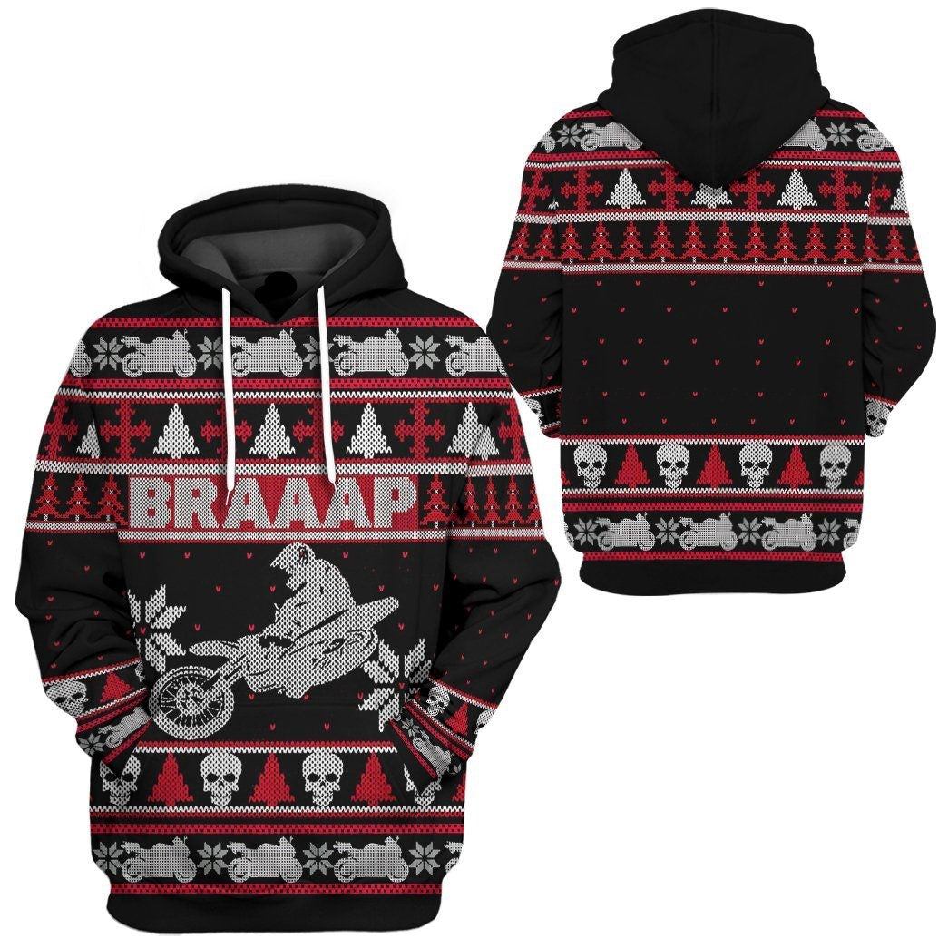 Motorcycle Hoodie Braaap Dirt Bike Christmas Pattern T-Shirt Black Red Unisex - Trendy Gift For Men & Women