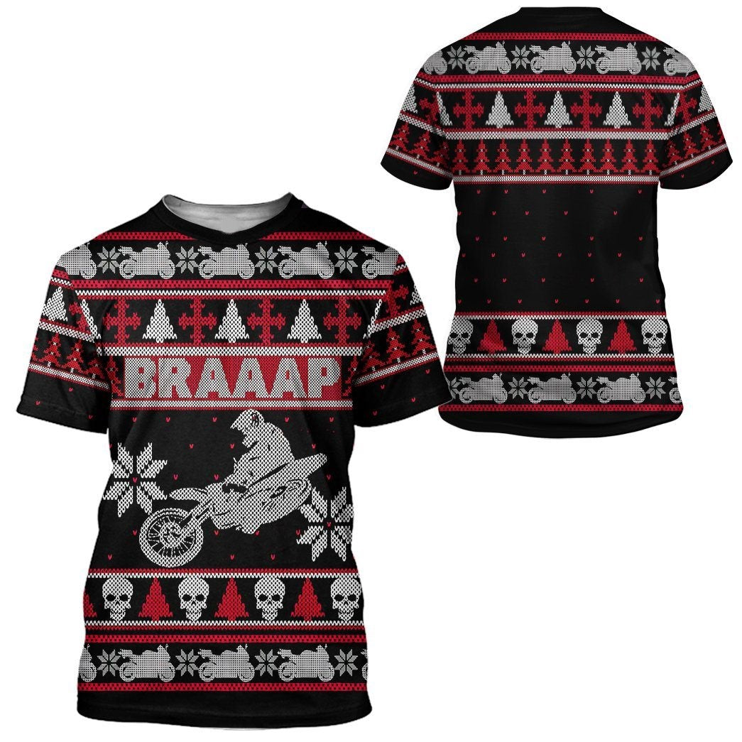 Motorcycle Hoodie Braaap Dirt Bike Christmas Pattern T-Shirt Black Red Unisex - Trendy Gift For Men & Women