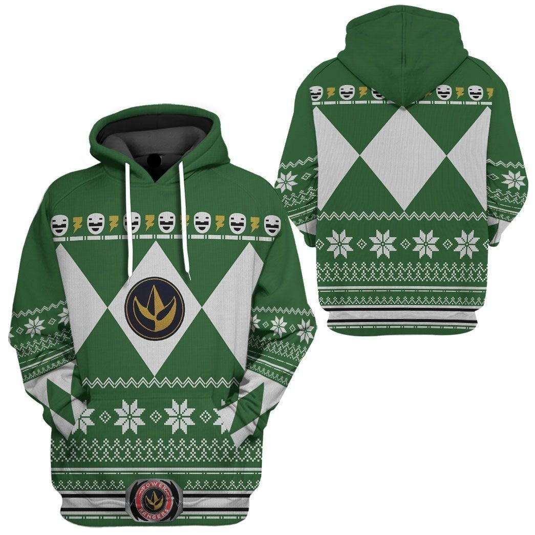 Power Ranger Hoodie Green Mighty Morphin Power Ranger Christmas Pattern Hoodie Green White Unisex - Cozy Hoodie For Cold Weather