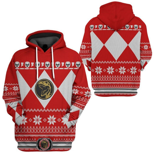 Power Ranger Hoodie Red Mighty Morphin Power Ranger Christmas Pattern Hoodie Red White Unisex - Cozy Hoodie For Cold Weather