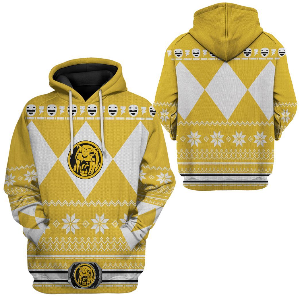 Power Ranger Hoodie Yellow Mighty Morphin Power Ranger Christmas Pattern Hoodie Yellow White Unisex - Cozy Hoodie For Cold Weather