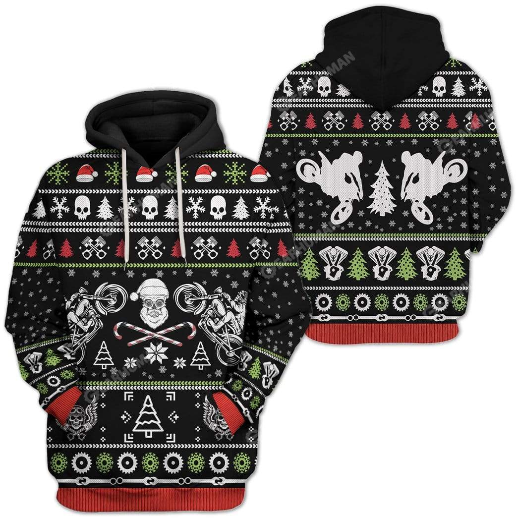 Motorcycle Hoodie Biker Skull Motorcycle Chrsitmas Pattern T-Shirt Black Unisex - Trendy Gift For Men & Women