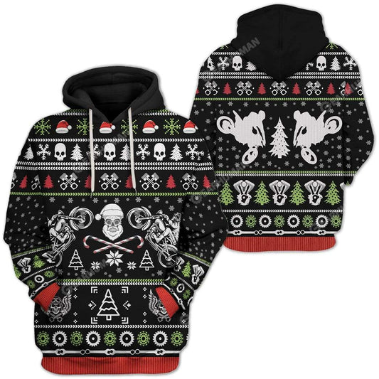 Motorcycle Hoodie Biker Skull Motorcycle Chrsitmas Pattern T-Shirt Black Unisex - Trendy Gift For Men & Women