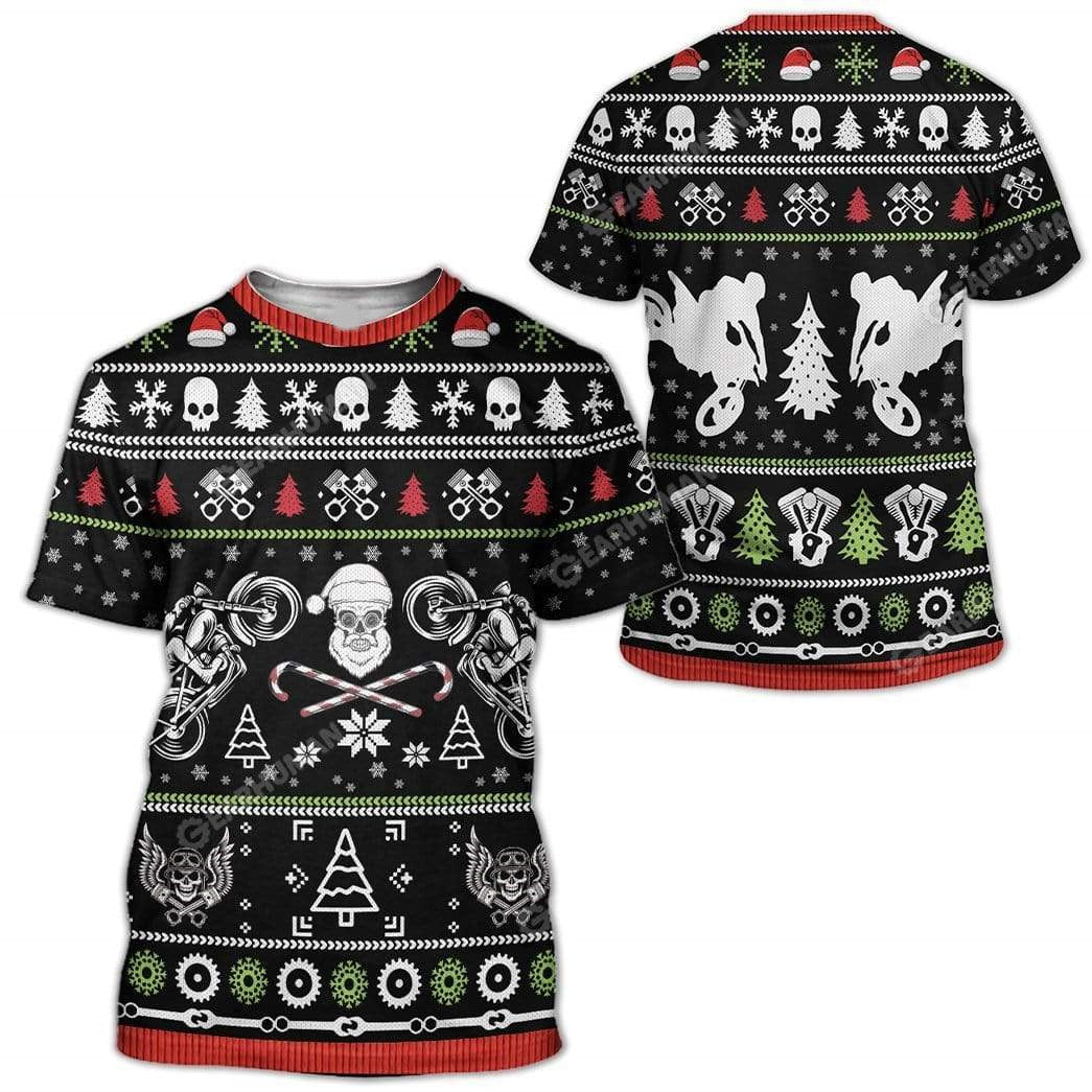 Motorcycle Hoodie Biker Skull Motorcycle Chrsitmas Pattern T-Shirt Black Unisex - Trendy Gift For Men & Women
