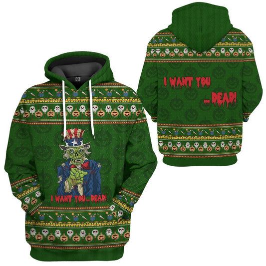 Zombie Hoodie Uncle Sam Zombie I Want You Hoodie Green Unisex - Cozy Hoodie For Cold Weather