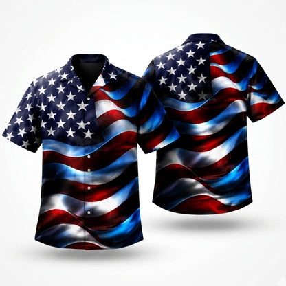 American Flag Hawaiian Shirt Patriotic USA Button Up 4th July Gift