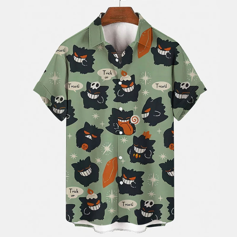 Anime Gengar Pattern Pokemon Button Up Hawaiian Shirt - Tropi Hawaiian Shirts