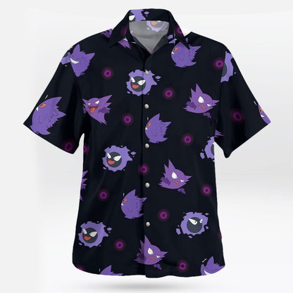 Anime Gengar Pattern Pokemon Button Up Hawaiian Shirt - Tropi Hawaiian Shirts