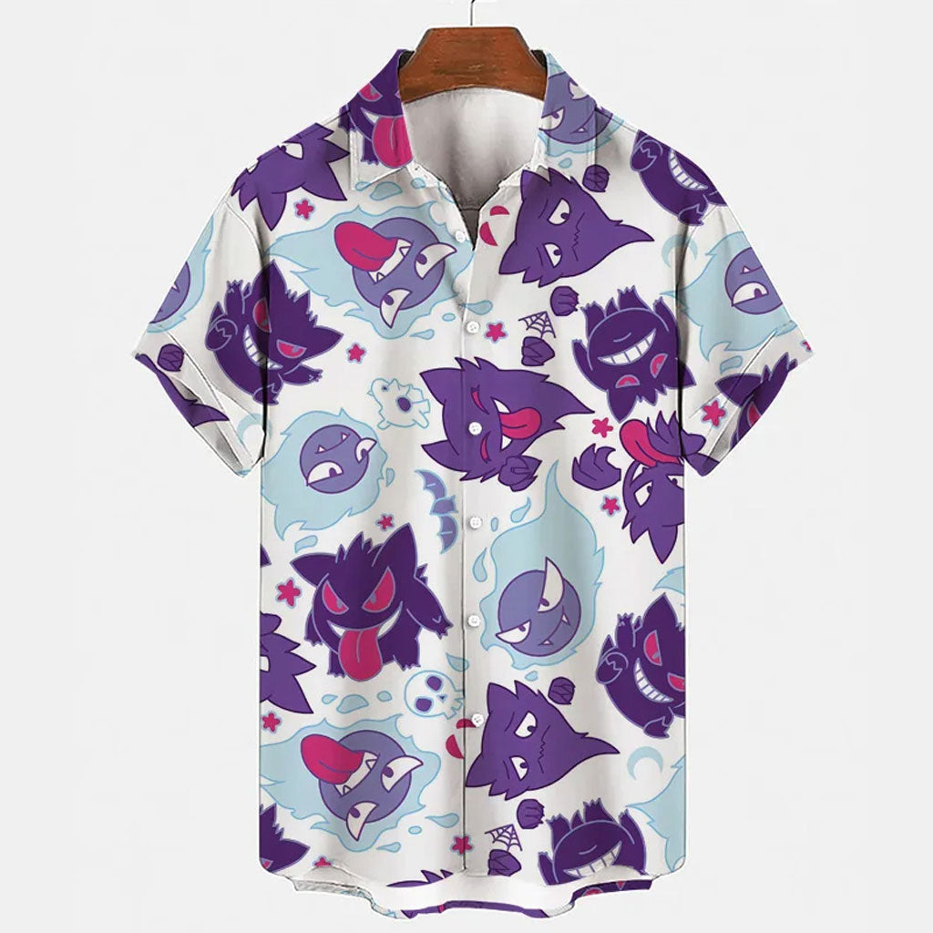Anime Gengar Pattern Pokemon Button Up Hawaiian Shirt - Tropi Hawaiian Shirts