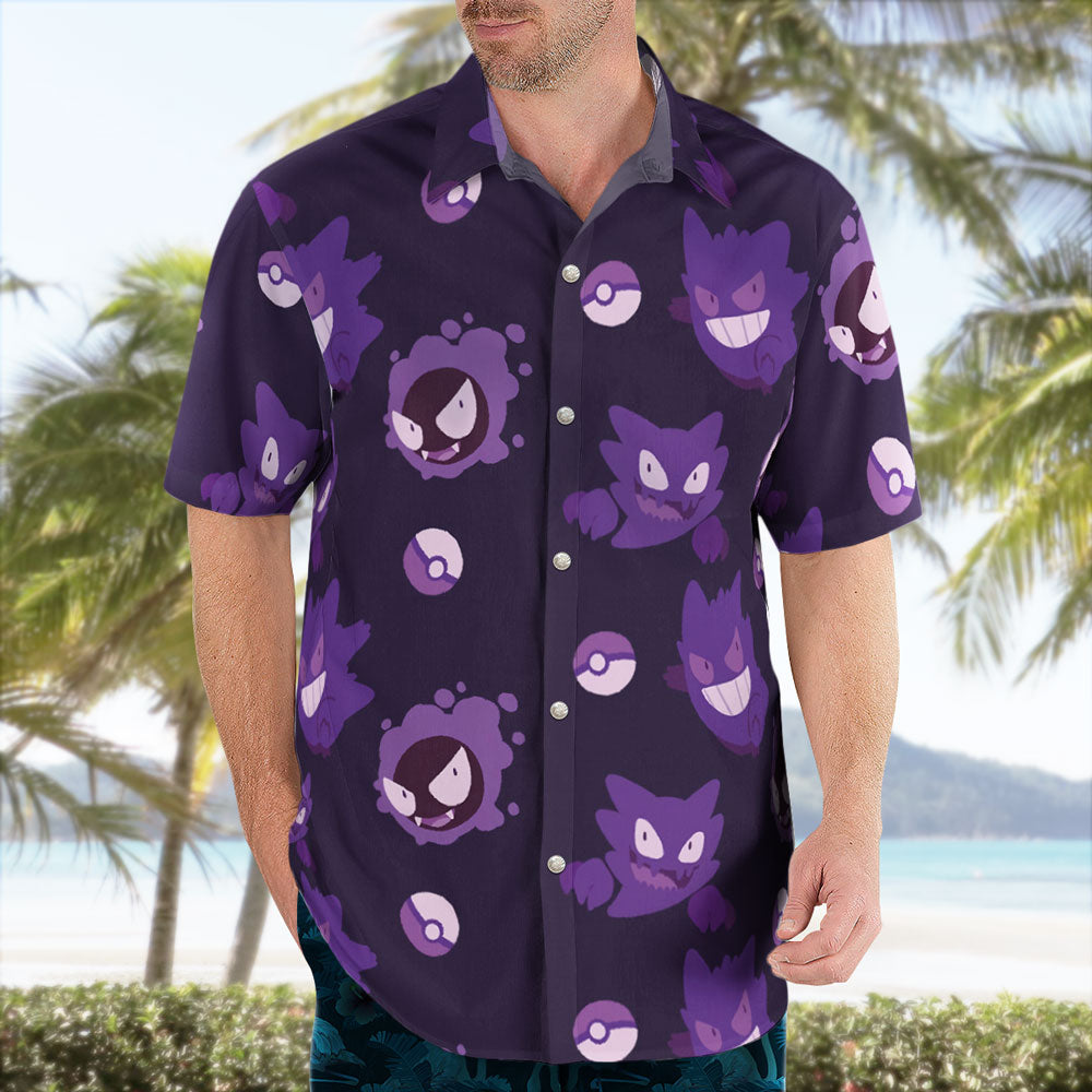 Anime Gengar Pattern Pokemon Button Up Hawaiian Shirt - Tropi Hawaiian Shirts
