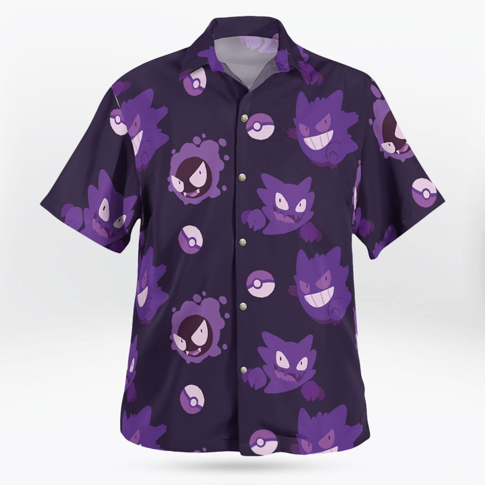 Anime Gengar Pattern Pokemon Button Up Hawaiian Shirt - Tropi Hawaiian Shirts