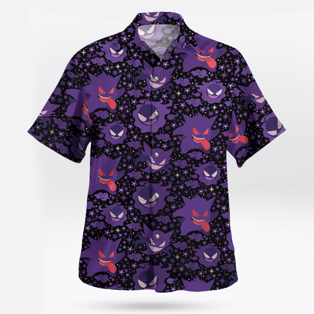 Anime Gengar Pattern Pokemon Button Up Hawaiian Shirt - Tropi Hawaiian Shirts
