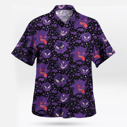 Anime Gengar Pattern Pokemon Button Up Hawaiian Shirt - Tropi Hawaiian Shirts