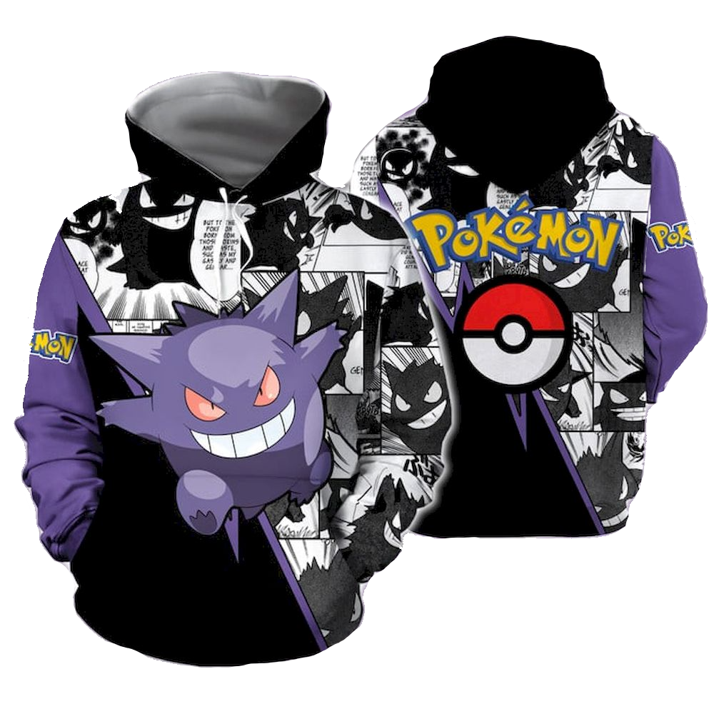 Pokemon Hoodie Pokemon Gengar Graphic Manga Pattern Hoodie Purple Black Unisex - Cozy Hoodie For Cold Weather