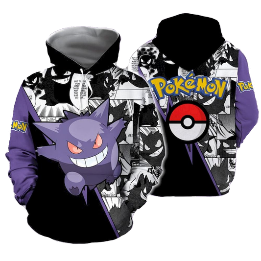 Pokemon Hoodie Pokemon Gengar Graphic Manga Pattern Hoodie Purple Black Unisex - Cozy Hoodie For Cold Weather