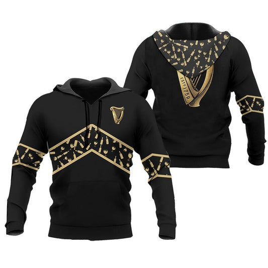 Guinness Hoodie Guinness Logo Bottle Pattern Hoodie Black Yellow Unisex - Cozy Hoodie For Cold Weather